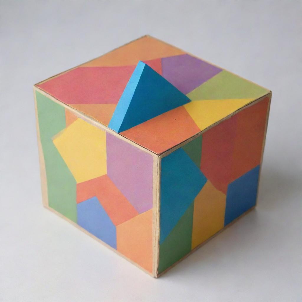 A box filled with five different four-sided geometric shapes, with a variety of colors, sizes and orientations