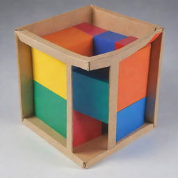 A box filled with five different four-sided geometric shapes, with a variety of colors, sizes and orientations