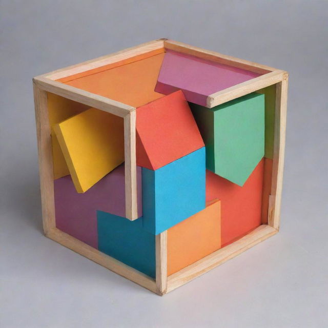 A box filled with five different four-sided geometric shapes, with a variety of colors, sizes and orientations