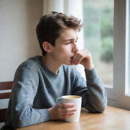 A disheartened teenager drinking coffee at home, lost in contemplation, illustrating mood of melancholy