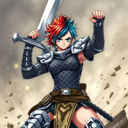 An impressive agender human fighter depicted in a dynamic pose, brandishing a massive greatsword held aloft