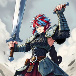 An impressive agender human fighter depicted in a dynamic pose, brandishing a massive greatsword held aloft