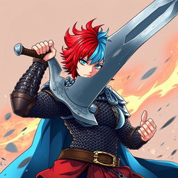 An impressive agender human fighter depicted in a dynamic pose, brandishing a massive greatsword held aloft