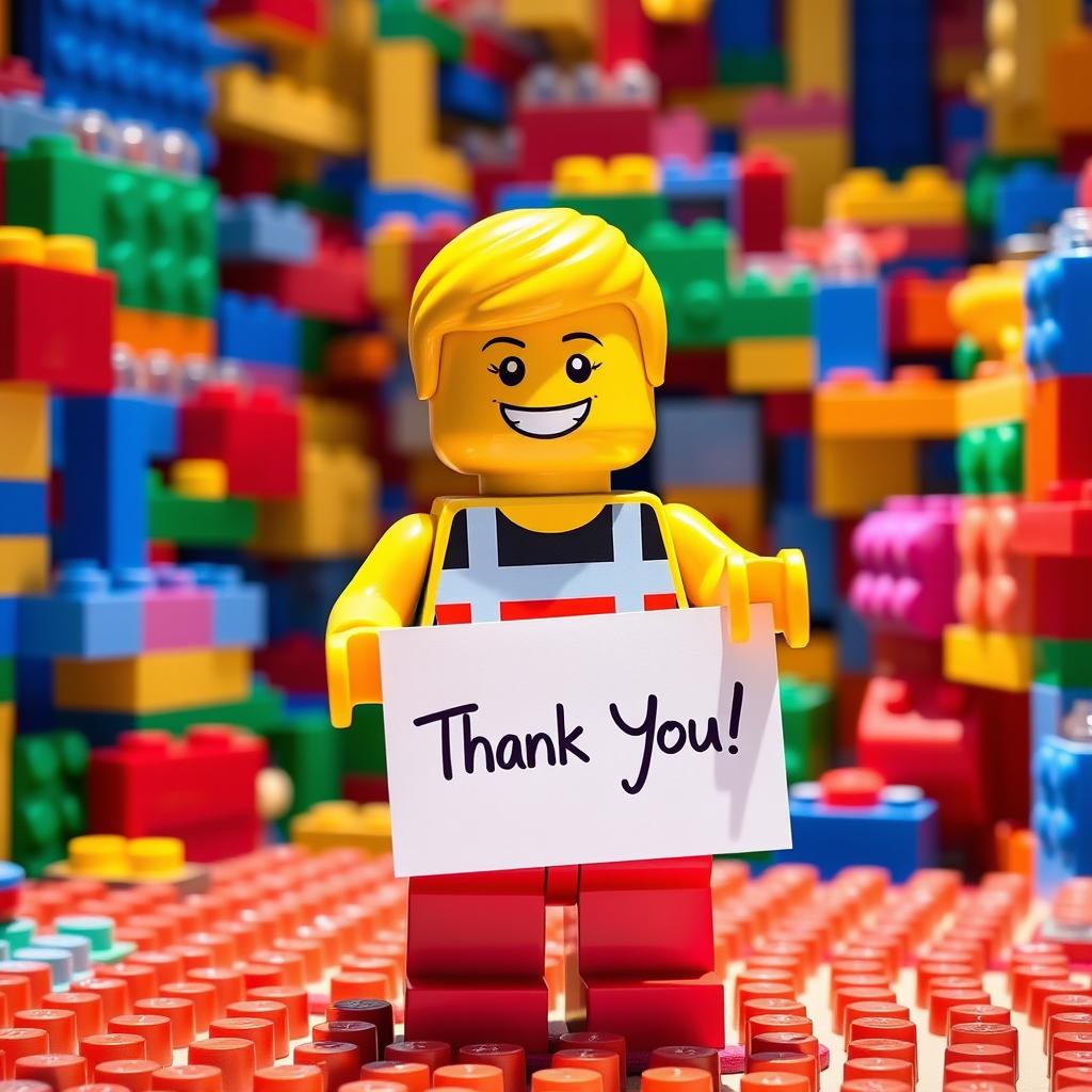 A cute and cheerful LEGO figure holding a sign that says 'Thank You!' The figure has a bright yellow head with a big smile, wearing a classic LEGO outfit, which is colorful and playful