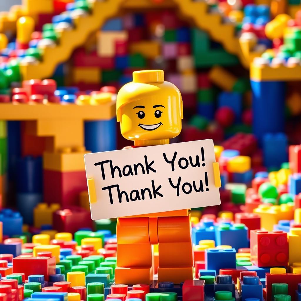 A cute and cheerful LEGO figure holding a sign that says 'Thank You!' The figure has a bright yellow head with a big smile, wearing a classic LEGO outfit, which is colorful and playful