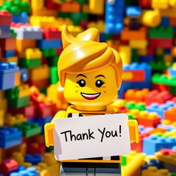 A cute and cheerful LEGO figure holding a sign that says 'Thank You!' The figure has a bright yellow head with a big smile, wearing a classic LEGO outfit, which is colorful and playful