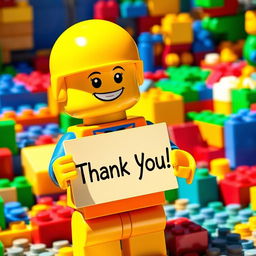 A cute and cheerful LEGO figure holding a sign that says 'Thank You!' The figure has a bright yellow head with a big smile, wearing a classic LEGO outfit, which is colorful and playful