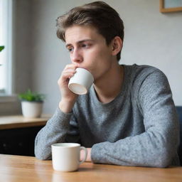 A disheartened teenager drinking coffee at home, lost in contemplation, illustrating mood of melancholy