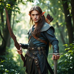 A full-body portrait of an elf man standing confidently in a lush woodland setting