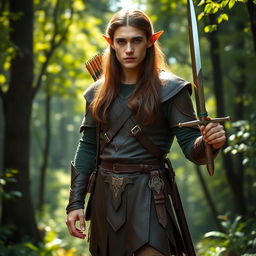 A full-body portrait of an elf man standing confidently in a lush woodland setting