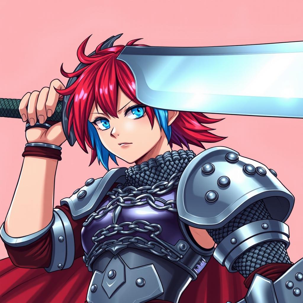 A striking agender human fighter poised for battle, holding a gigantic greatsword raised above their head