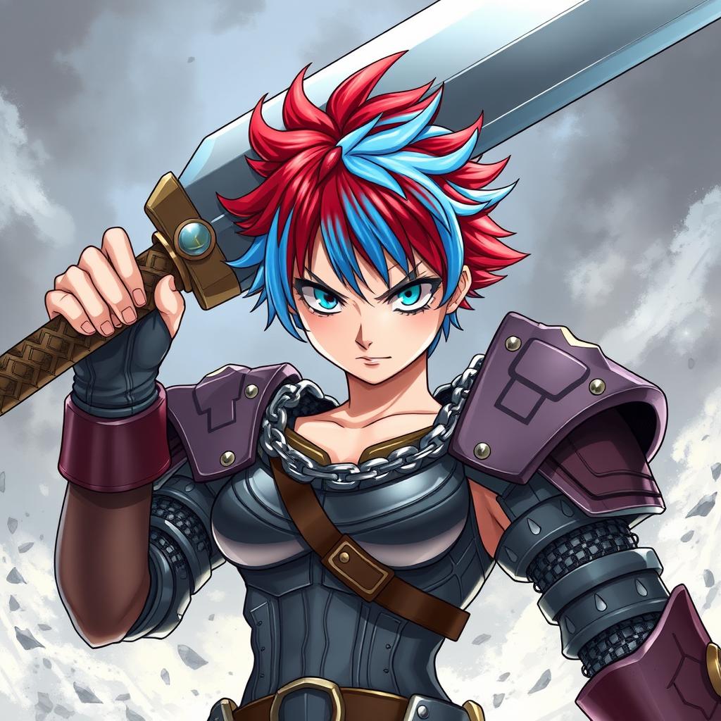 A striking agender human fighter poised for battle, holding a gigantic greatsword raised above their head