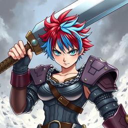 A striking agender human fighter poised for battle, holding a gigantic greatsword raised above their head