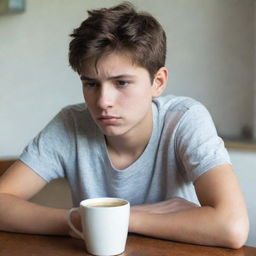 A disheartened teenager drinking coffee at home, lost in contemplation, illustrating mood of melancholy