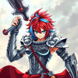 A striking agender human fighter poised for battle, holding a gigantic greatsword raised above their head