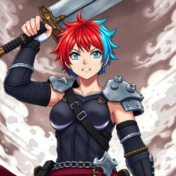 A striking agender human fighter poised for battle, holding a gigantic greatsword raised above their head