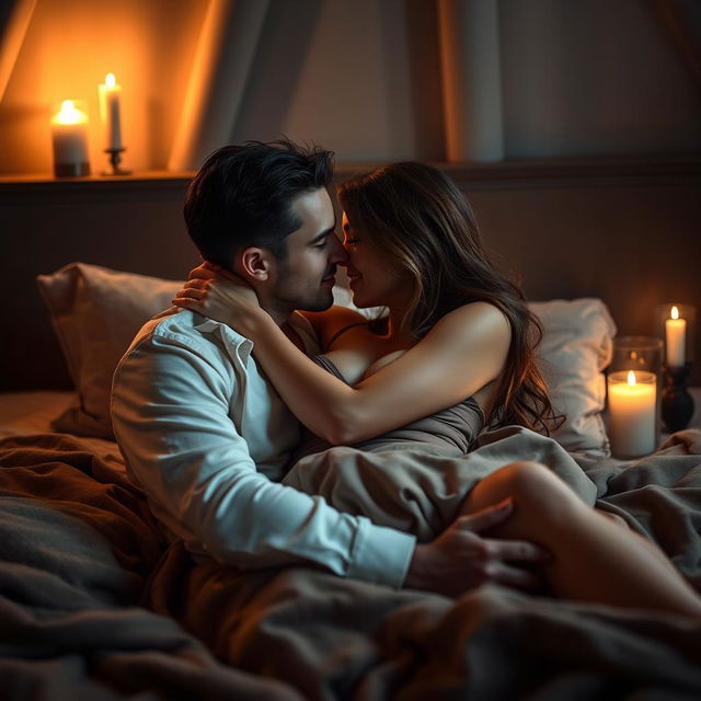 A passionate moment between a couple in an intimate setting, with soft lighting creating a romantic atmosphere