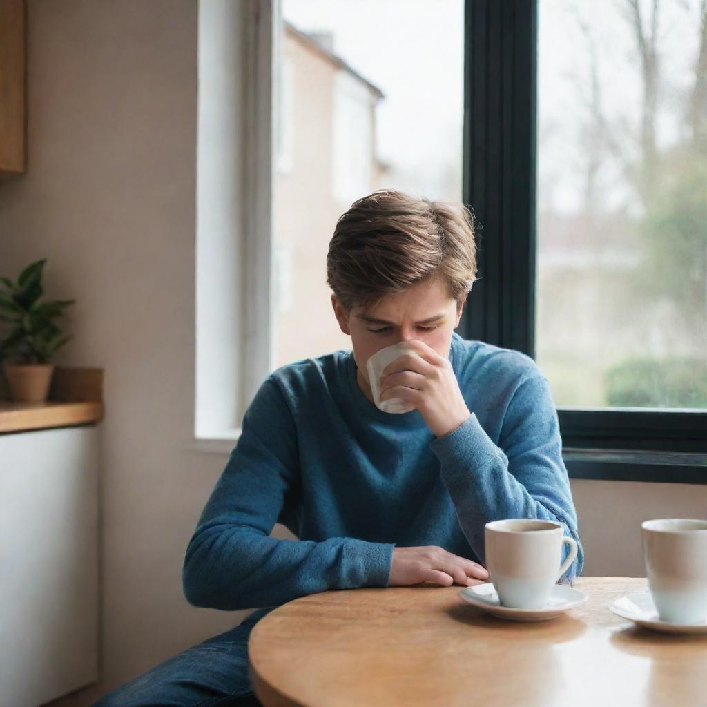 A disheartened teenager drinking coffee at home, lost in contemplation, illustrating mood of melancholy