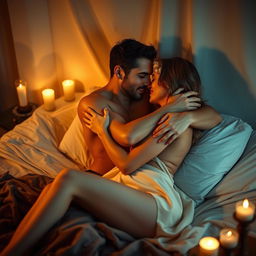 A passionate moment between a couple in an intimate setting, with soft lighting creating a romantic atmosphere