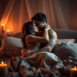 A passionate moment between a couple in an intimate setting, with soft lighting creating a romantic atmosphere