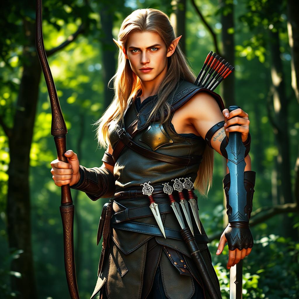 A full-body portrait of a male elf from the woods, standing tall at 1