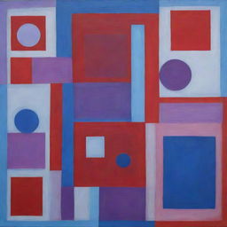 An abstract portrayal of a unique individual with curly attributes, interplay of various shapes and colors - squares, circles, and rectangles in red, blue, and purple, with a chilly, icy vibe.