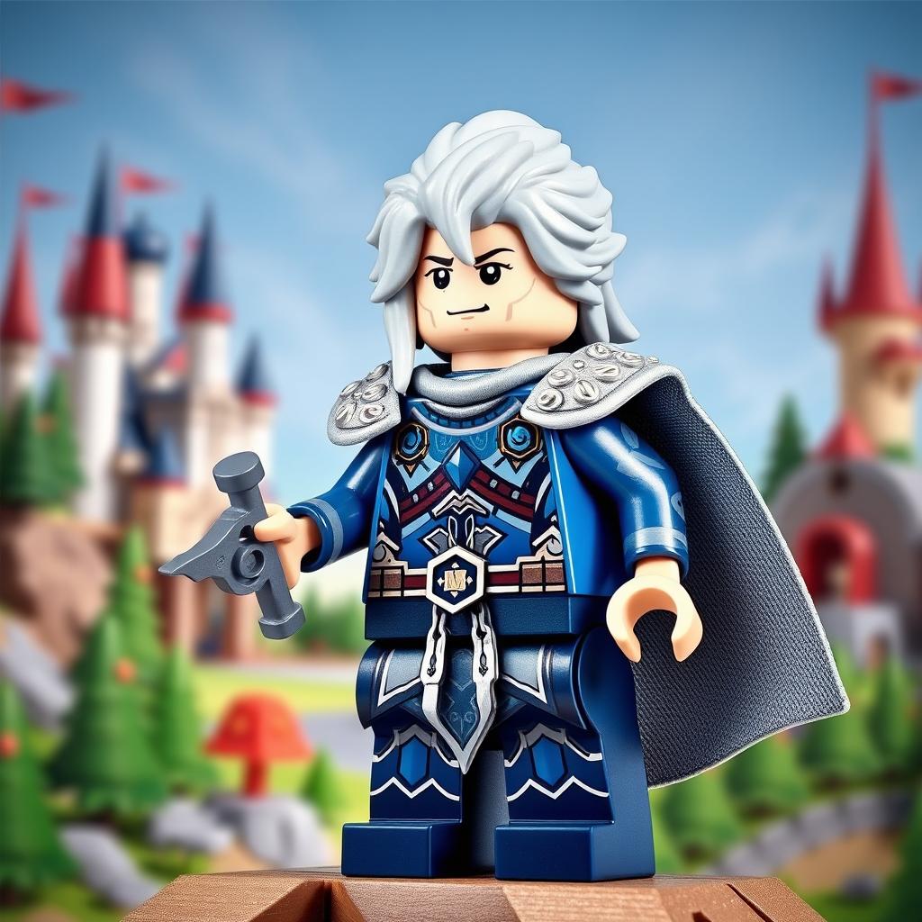 A detailed LEGO figure of Thancred, inspired by a fantasy role-playing character, featuring distinctive silver hair and a confident expression