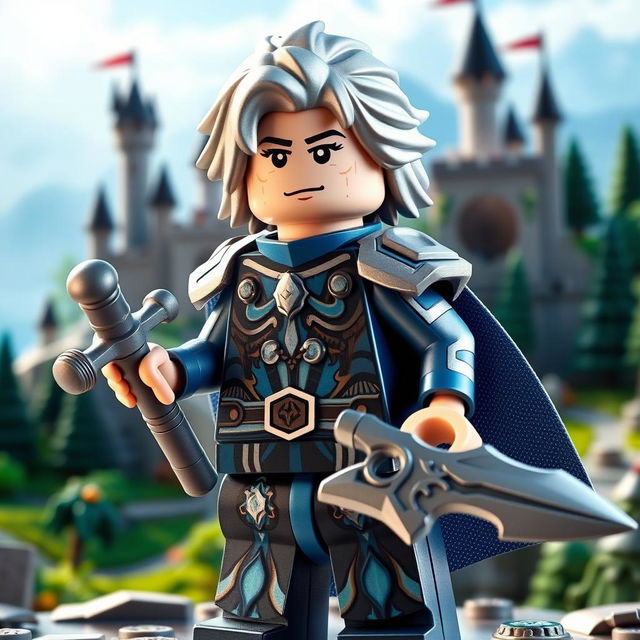 A detailed LEGO figure of Thancred, inspired by a fantasy role-playing character, featuring distinctive silver hair and a confident expression