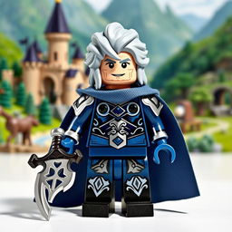 A detailed LEGO figure of Thancred, inspired by a fantasy role-playing character, featuring distinctive silver hair and a confident expression