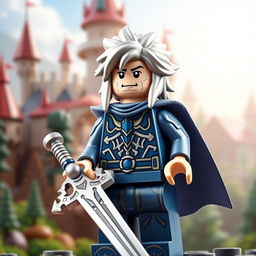 A detailed LEGO figure of Thancred, inspired by a fantasy role-playing character, featuring distinctive silver hair and a confident expression