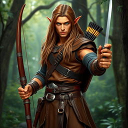 A full-body depiction of a male elf hailing from the woods, standing confidently at 1