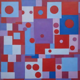 An abstract portrayal of a unique individual with curly attributes, interplay of various shapes and colors - squares, circles, and rectangles in red, blue, and purple, with a chilly, icy vibe.