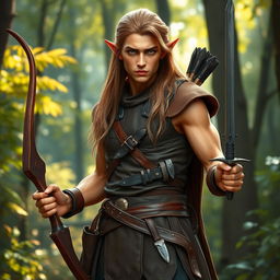 A full-body depiction of a male elf hailing from the woods, standing confidently at 1