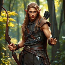 A full-body depiction of a male elf hailing from the woods, standing confidently at 1