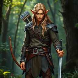 A full-body depiction of a male elf hailing from the woods, standing confidently at 1