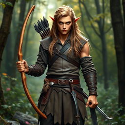 A full-body depiction of a male elf hailing from the woods, standing confidently at 1