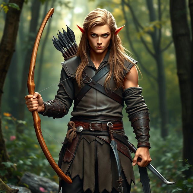 A full-body depiction of a male elf hailing from the woods, standing confidently at 1