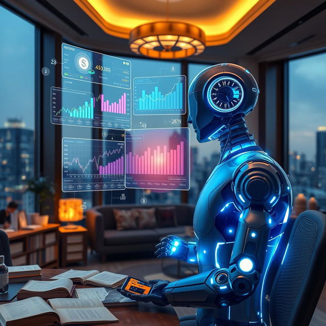 An intelligent financial AI managing investments, depicted as a futuristic digital being, analyzing stock markets and financial data on multiple holographic screens