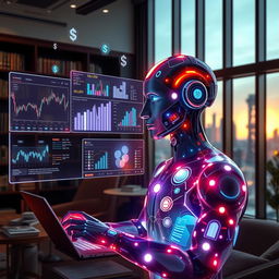 An intelligent financial AI managing investments, depicted as a futuristic digital being, analyzing stock markets and financial data on multiple holographic screens