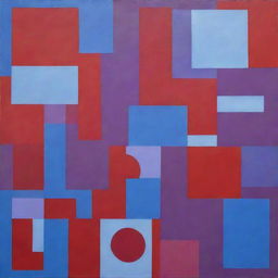 An abstract portrayal of a unique individual with curly attributes, interplay of various shapes and colors - squares, circles, and rectangles in red, blue, and purple, with a chilly, icy vibe.