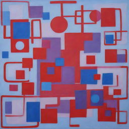 An abstract portrayal of a unique individual with curly attributes, interplay of various shapes and colors - squares, circles, and rectangles in red, blue, and purple, with a chilly, icy vibe.