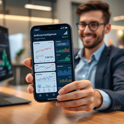 An innovative mobile application featuring artificial intelligence that manages personal investments, shown on a digital device's screen