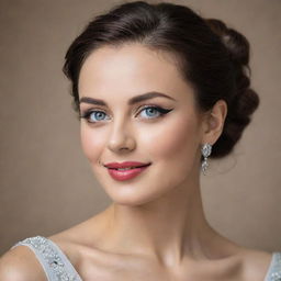 An elegant woman with distinctive features, radiating beauty and grace. She should have expressive eyes and a warm smile