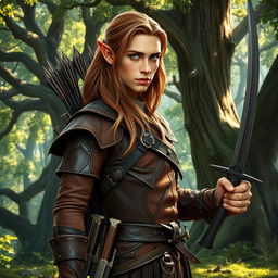 A handsome elf man from the woods with light brown long hair and copper-colored skin