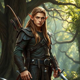 A handsome elf man from the woods with light brown long hair and copper-colored skin