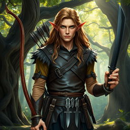 A handsome elf man from the woods with light brown long hair and copper-colored skin