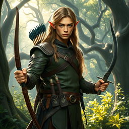 A handsome elf man from the woods with light brown long hair and copper-colored skin