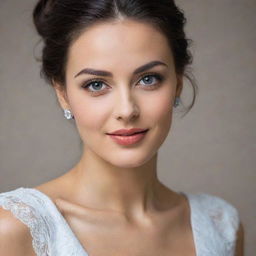 An elegant woman with distinctive features, radiating beauty and grace. She should have expressive eyes and a warm smile