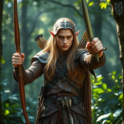 A striking elf man from the woods with light brown long hair and copper-colored skin