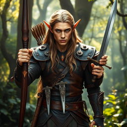 A striking elf man from the woods with light brown long hair and copper-colored skin